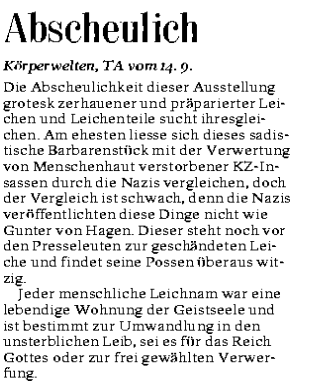 Schockieren ausgestellte Leichen heute noch?