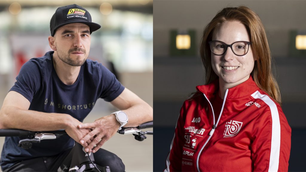 Nina Christen und Nino Schurter tragen die Schweizer Fahne