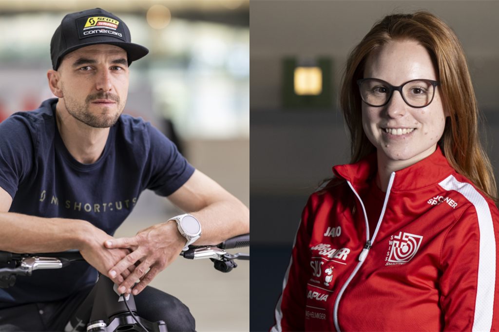 Nina Christen und Nino Schurter tragen die Schweizer Fahne