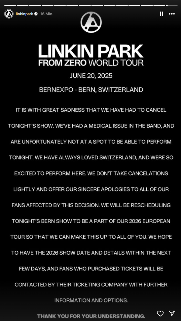 Linkin Park-Konzert in Bern wird krankheitbedingt abgesagt