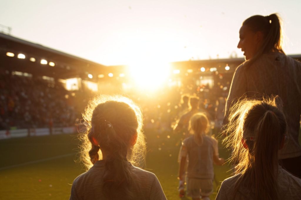Sehbeeinträchtigte und blinde Kinder laufen mit Spielerinnen ins Stadion in St. Gallen ein